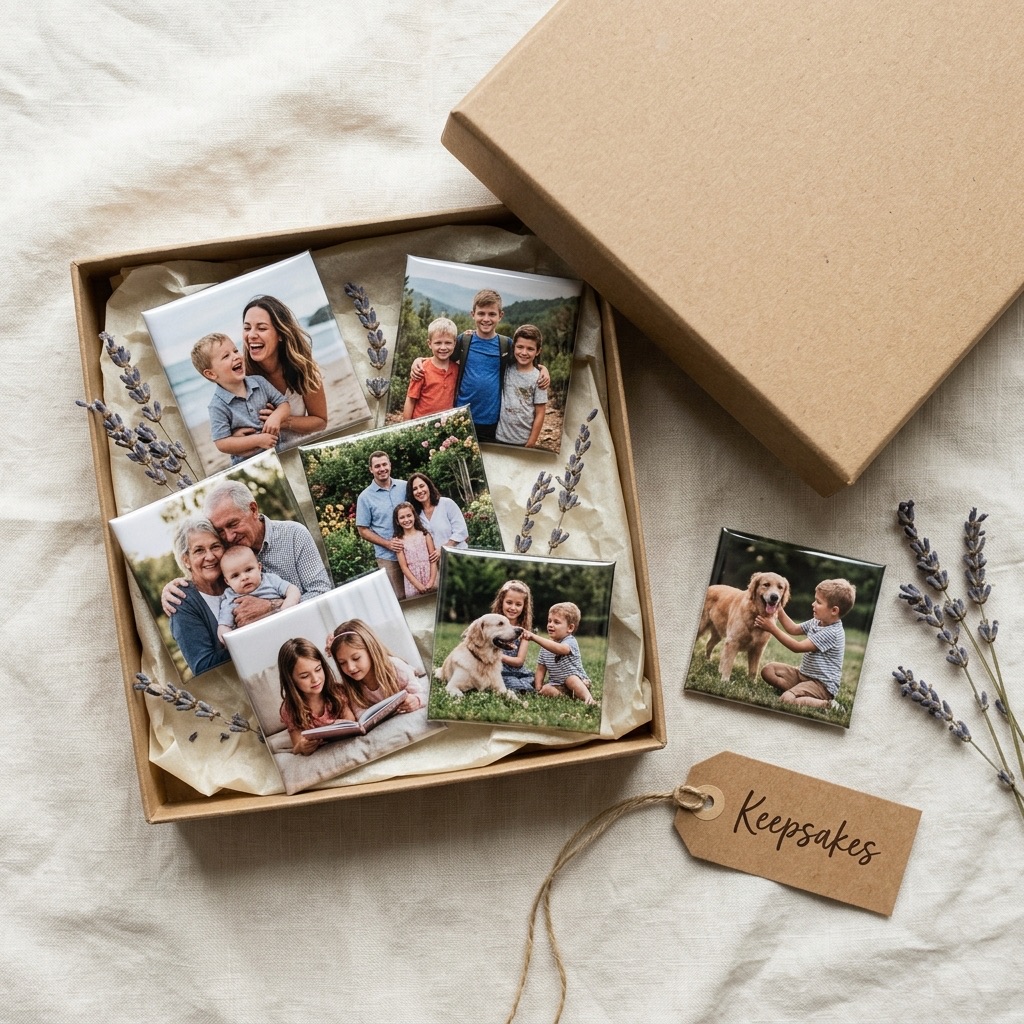 An open square kraft-brown gift box containing six handcrafted 2-inch square photo magnets of family snapshots, laid on a cream linen surface with dried lavender stalks.