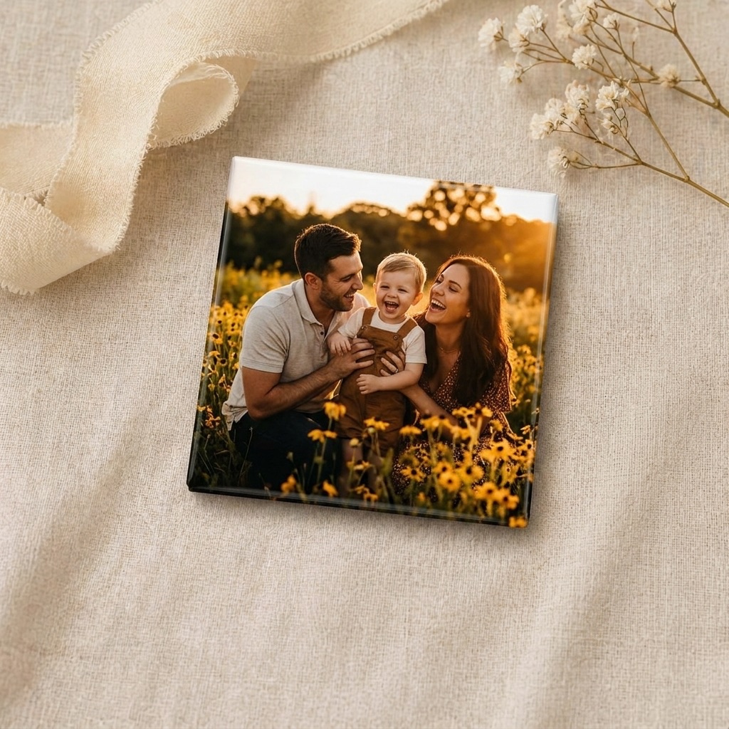 A custom photo magnet showing a warm family portrait.