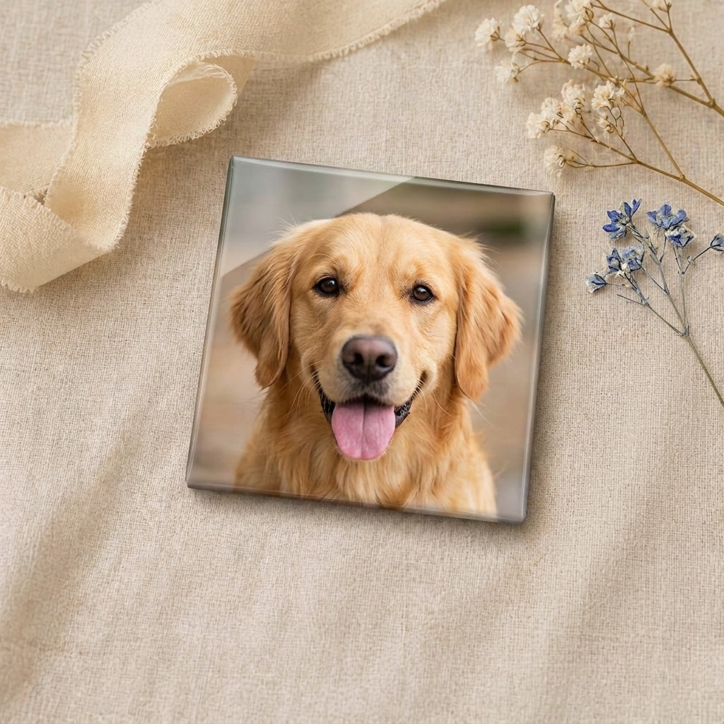 A custom photo magnet featuring a beloved family pet.